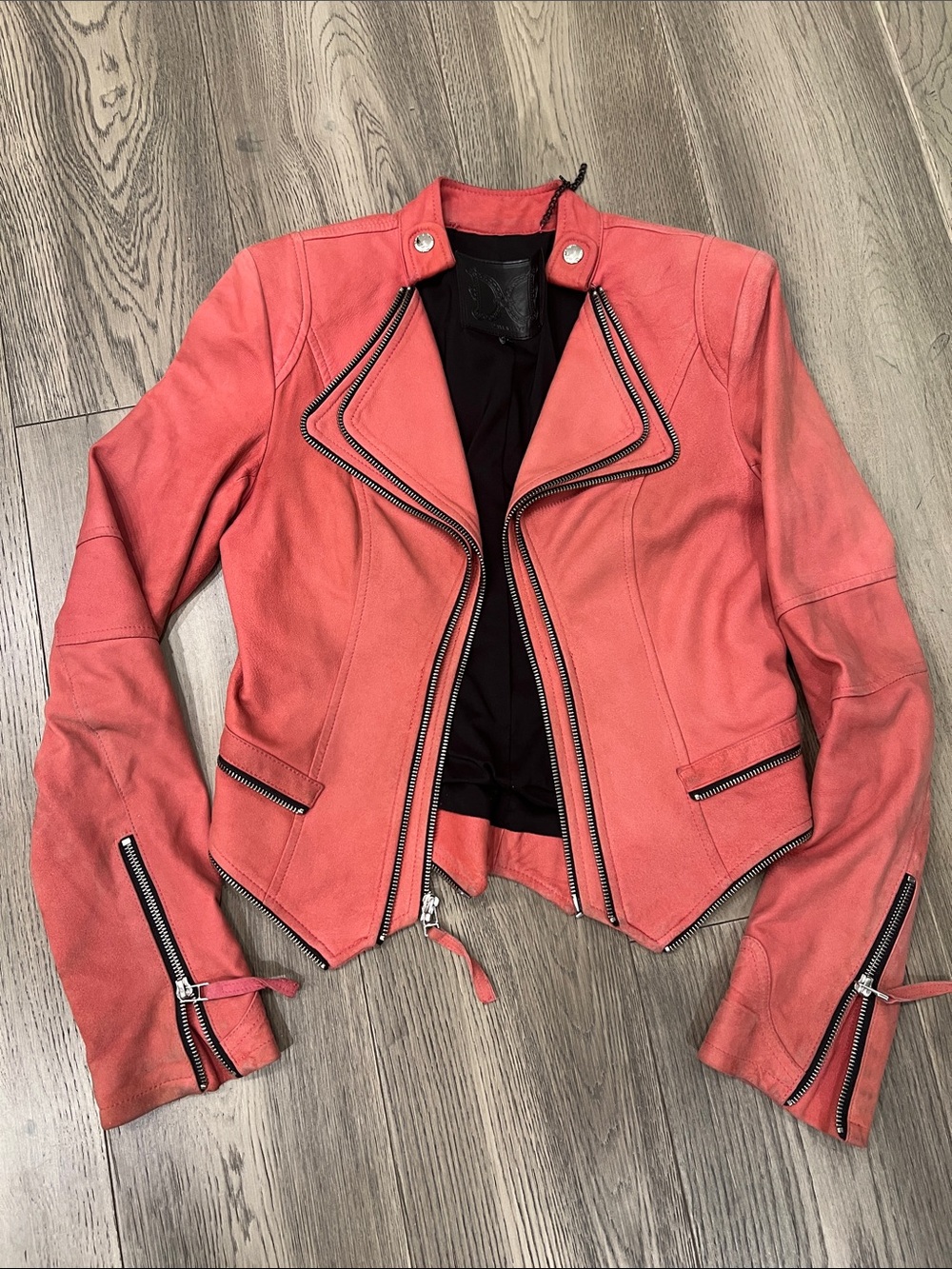 Dawn Levy Coral Pink Leather Moto Jacket